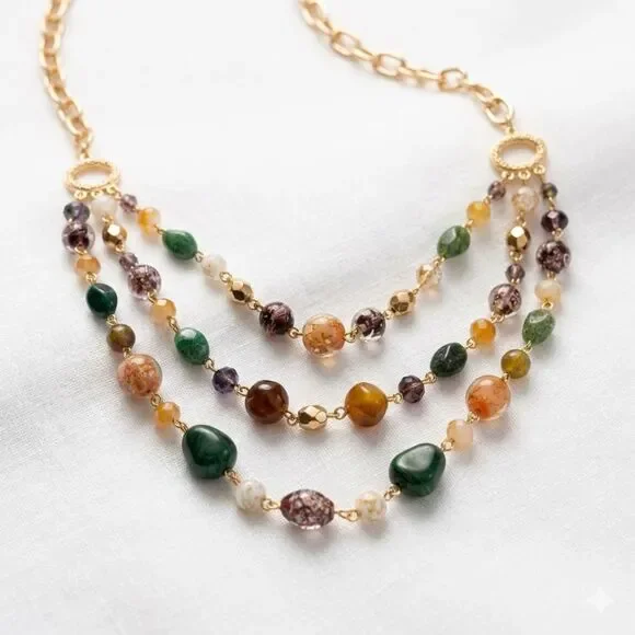 Studio 1886 Bohemian Multi-Strand Gemstone Statement Necklace Gold With Earrings - Picture 1 of 6